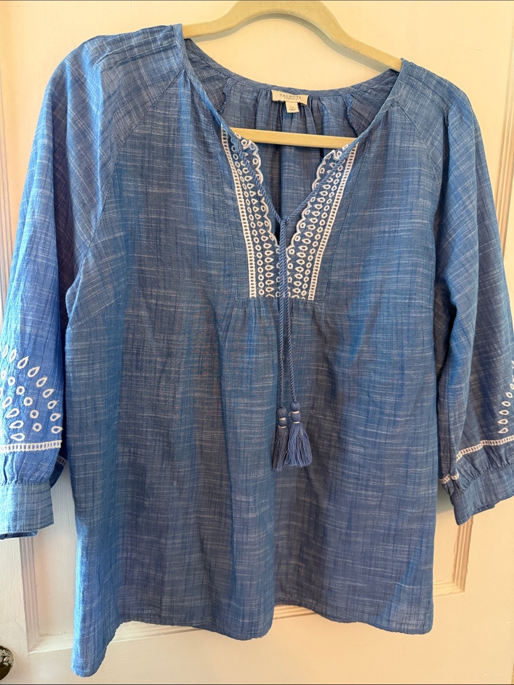 Talbots Blue Lightweight Cotton Tunic Top with Embroidered Detail